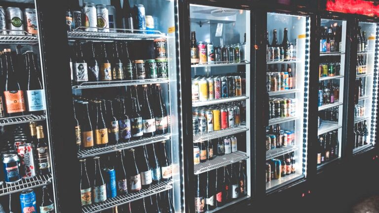 Beverages in a drinks display cooler, glass door fridge