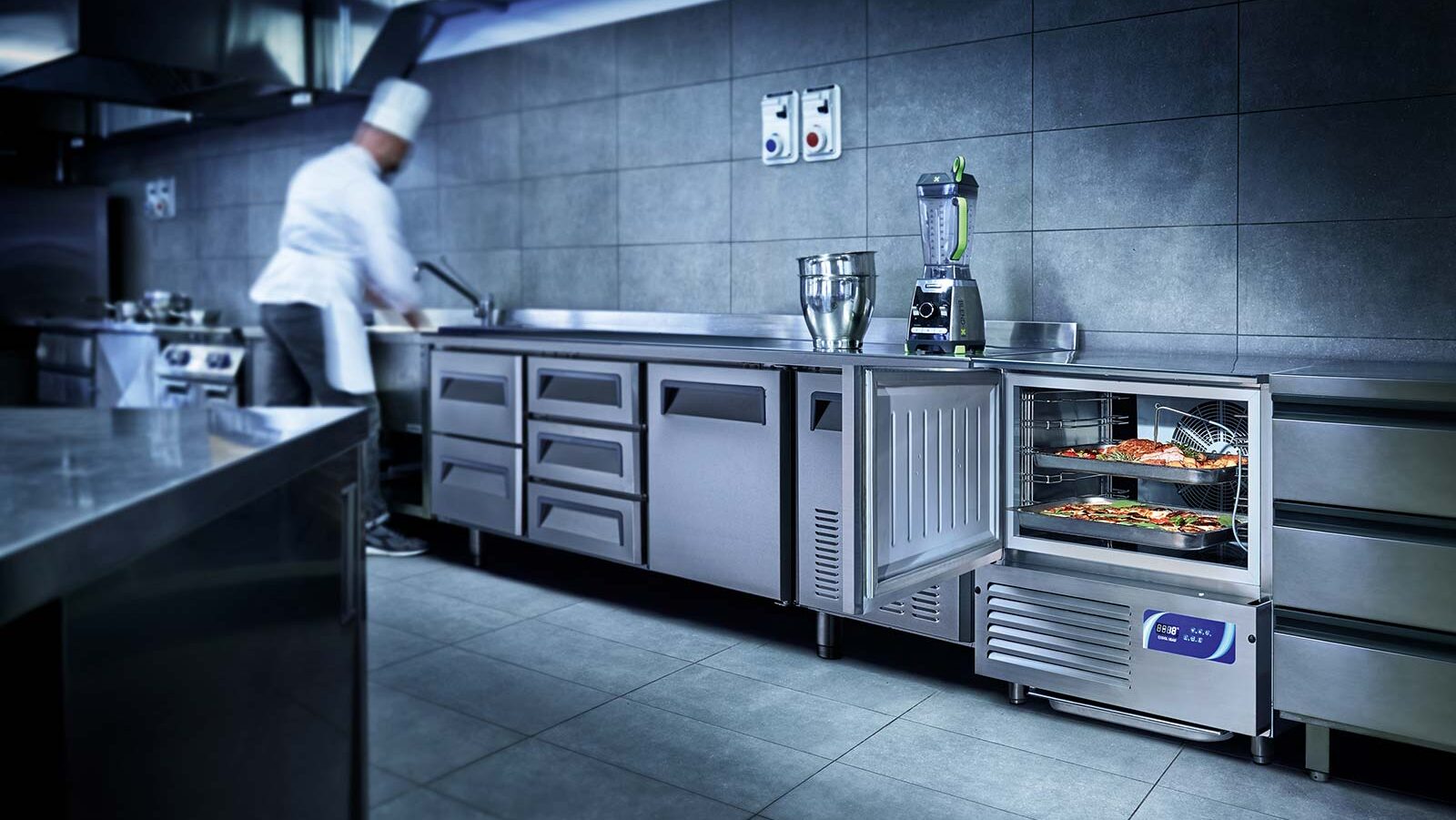 Commercial catering appliances in a professional kitchen