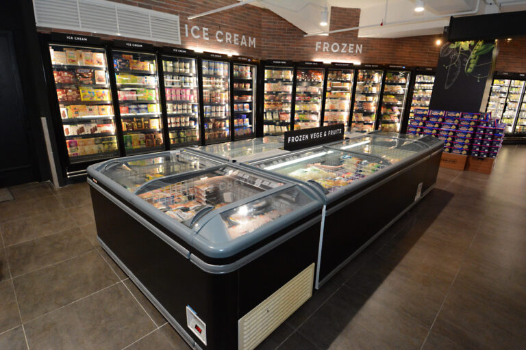 Commercial refrigeration fridges and coolers in a supermarket
