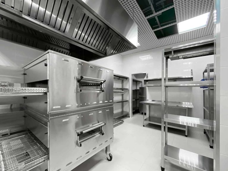 Stainless steel shelving in a commercial kitchen